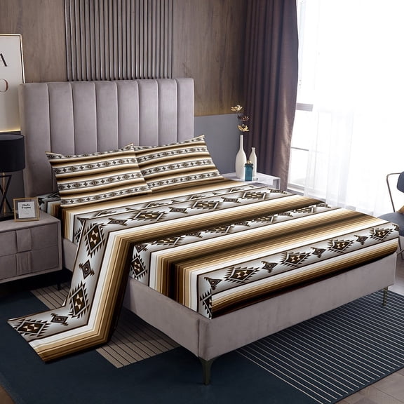 Rustic Lodge Cabin Bed Sheets Queen Western Boho Sheet Set Bohemian Striped Aztec Bedding Adults Men Retro Brown Country Bed Sheet Set 4 Piece Farmhouse Home Decor
