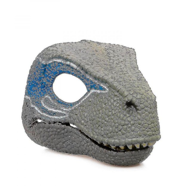 máscara de dinosaurio liuymxg casco juguetes jurassic world con mandíbula móvil velociraptor tiranosaurio rex CAIJI-240919A20298, vista frontal 3/4 de casco con textura escamosa y detalle azul junto al ojo, abertura para los ojos y bisagra visible en la mandíbula; utilizada en disfraces y a menudo empleada en sesiones fotográficas temáticas.