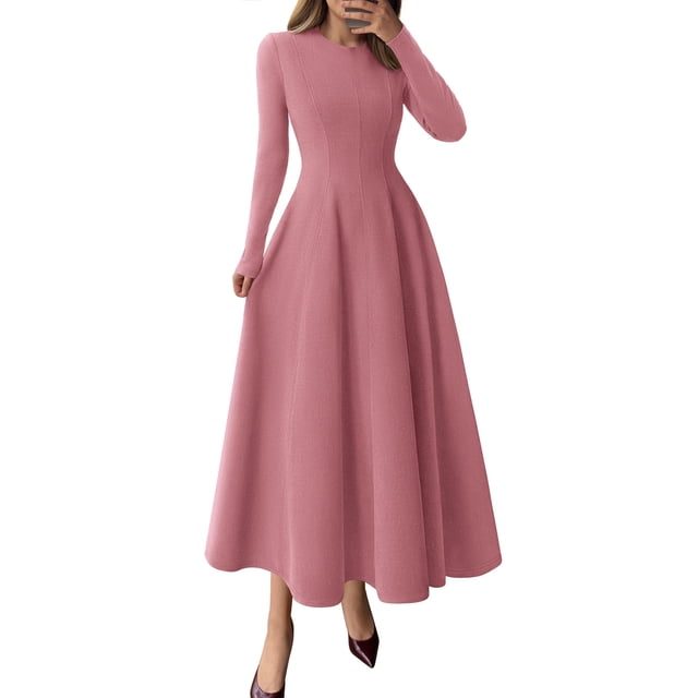 Vestido PRETTYGARDEN 2025 Elegante Midi de Manga Larga Rosa Talla L