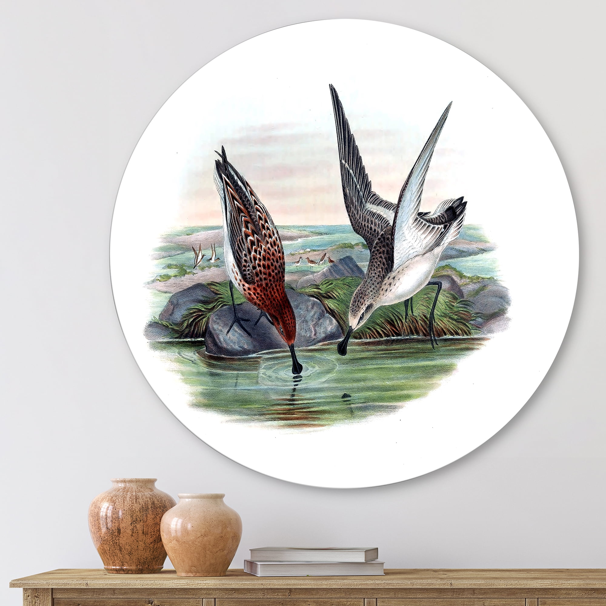 Designart 'Vintage Countryside Two Birds In Lake' Farmhouse Circle Metal Wall Art 23x23 - Disc of 23