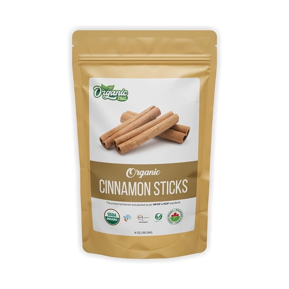 Organic Zing Organic Cinnamon bark | Ceylon Cinnamon Sticks (Cinnamomum verum) for Baking & Cooking Vegan | Preservative Free | Product of India - (115g) 3.2 oz resealable pack of 1 organic