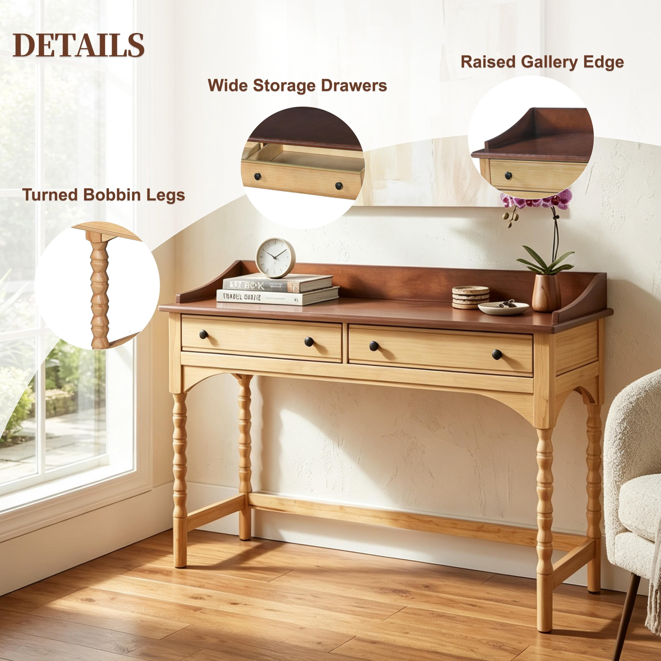 Christopher Knight Home 54" Vintage Writing Desk with 2 Drawers, Wood Vanity Console Table, Brown+Natural