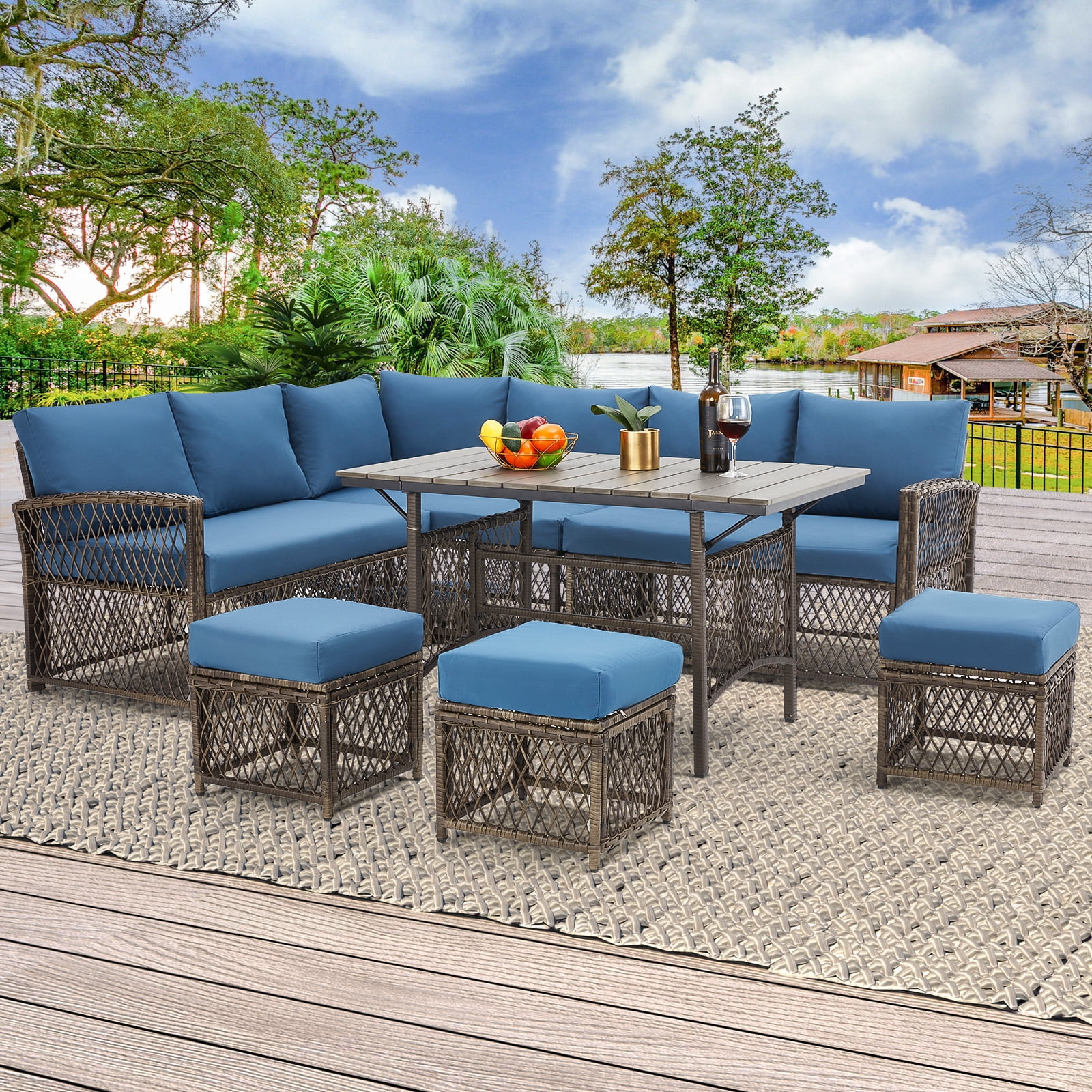 AECOJOY Outdoor Furniture Set, 7-Piece Rattan Wicker Sectional Sofa Couch, Patio Conversation Set with Dining Table & Chair in Navy