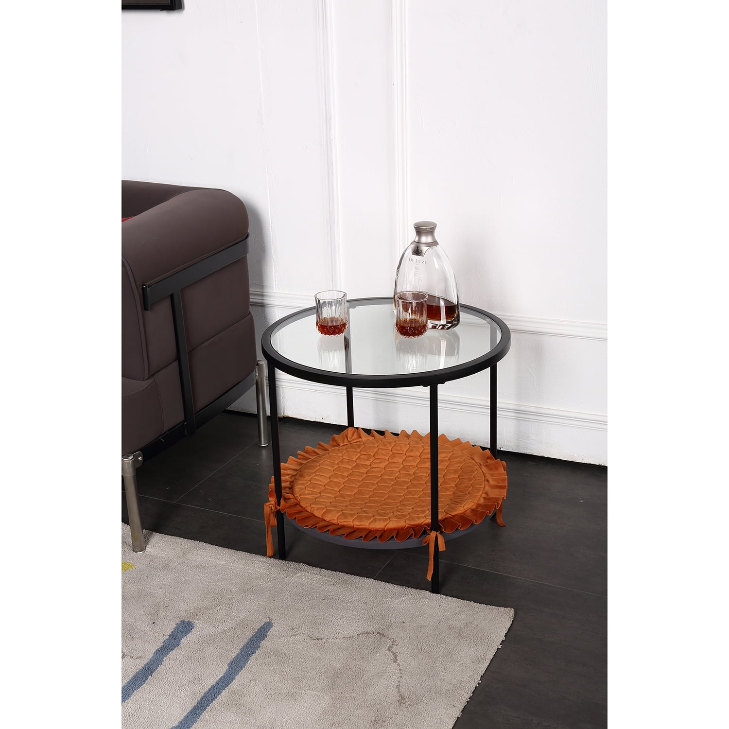 Kadyn Glass Coffee Table, Modern Round Coffee Table for Living Room, Carbon Steel 2-Tier Tea Table & Pet Sharing Table (Provide pet mat), Black Kadyn Glass Coffee Table, Modern Round Coffee Table for Living Room, Carbon Steel 2-Tier Tea Table & Pet Sharing Table (Provide pet mat), Black