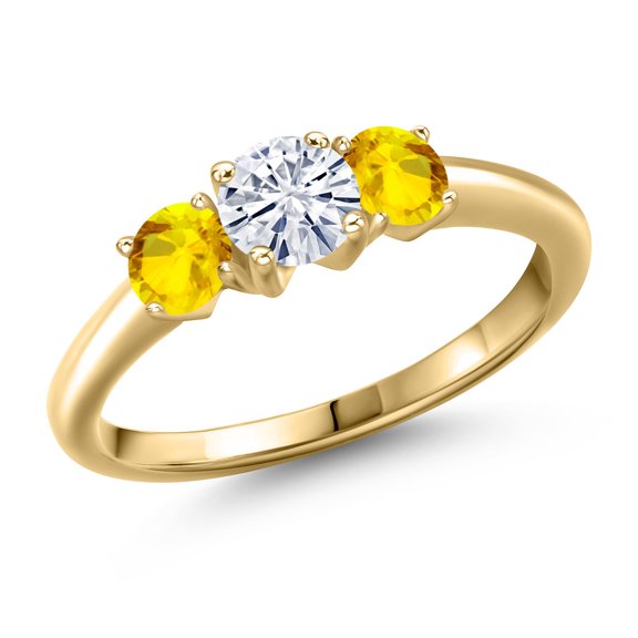 Gem Stone King 10K Yellow Gold White Moissanite and Yellow Sapphire Engagement Ring for Women | 1.22 Cttw | Round 5MM | Gemstone Birthstone | Size 5
