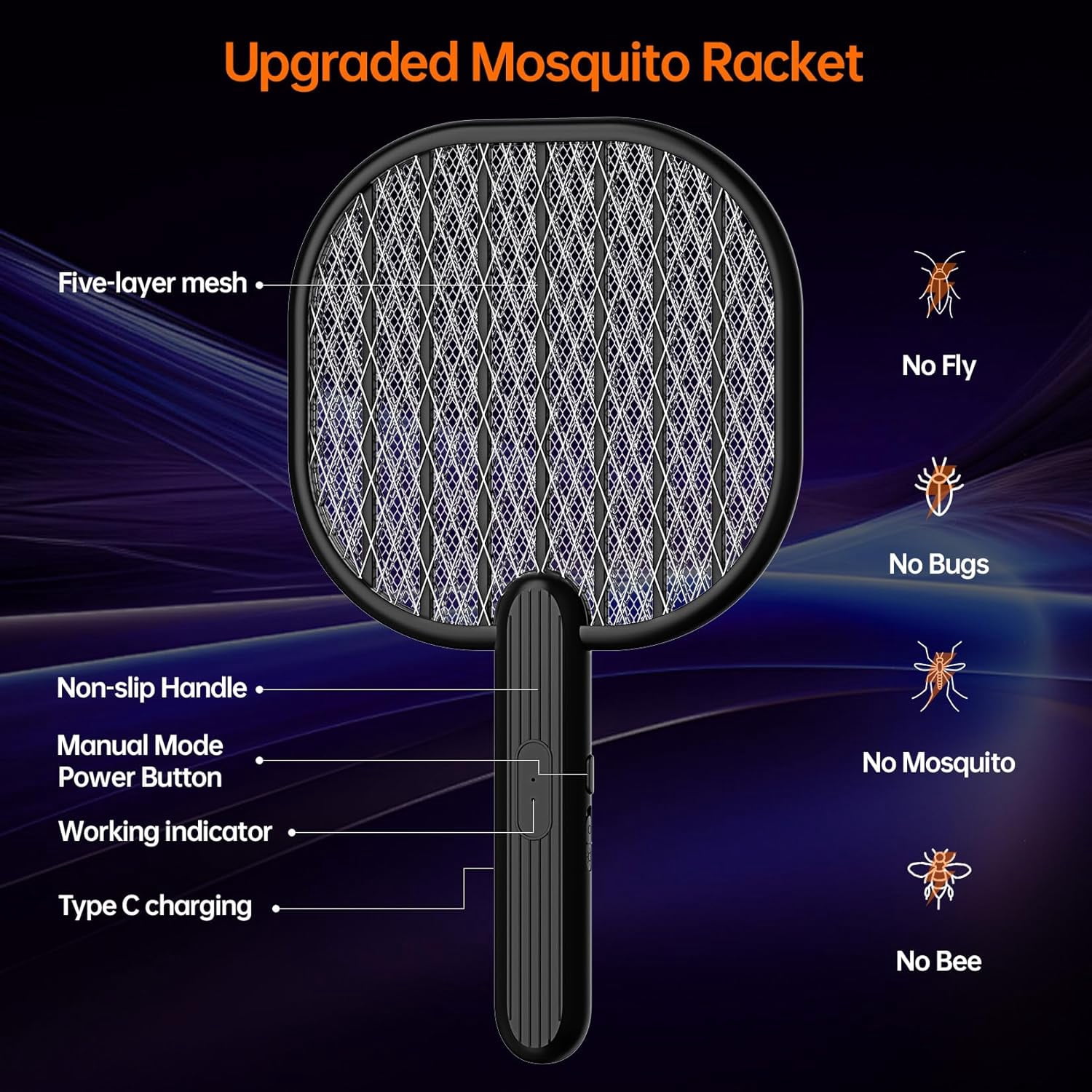 Electric Fly Swatter Bug Zapper: 3500V Mosquito Killer Racket with USB Rechargeable Insect Trap Pest Control Handheld Lightweight 5-Layer Safety Mesh for Indoor Home Office Backyard Patio Camping