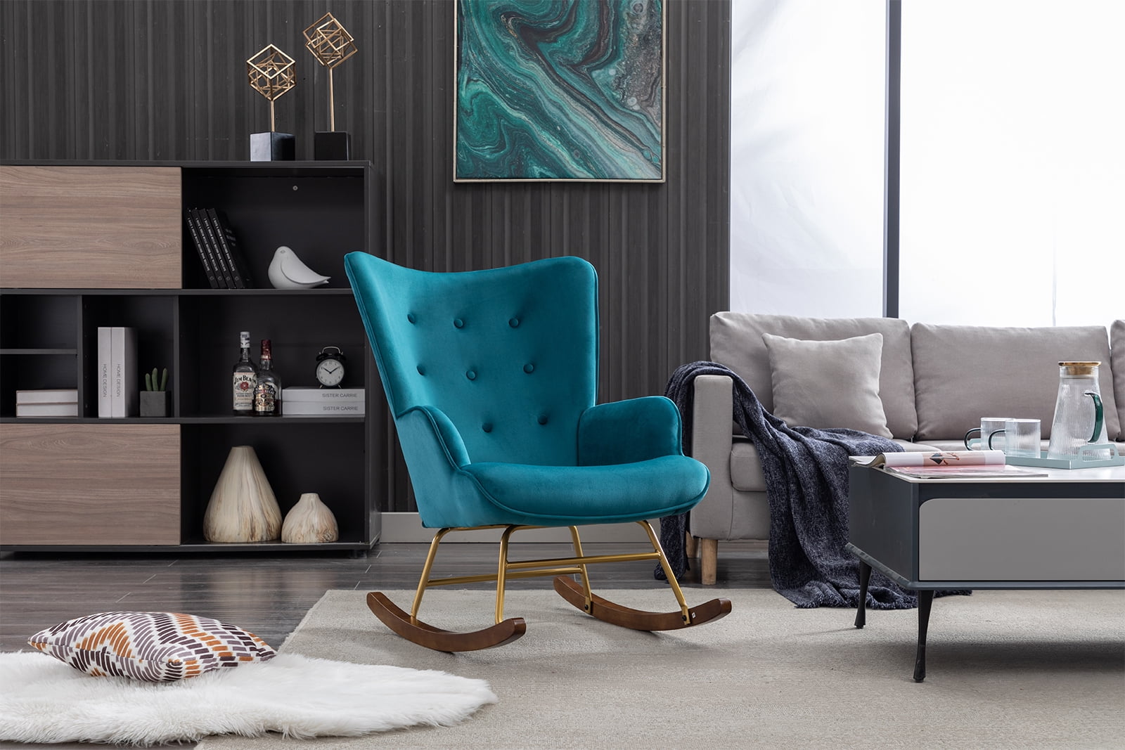 Guyou Modern Rocking Chair, Glider Nursery Chair with Tufted Wingback, Velvet Upholstered Accent Armchair for Living Room Bedroom Nursery, Teal Blue