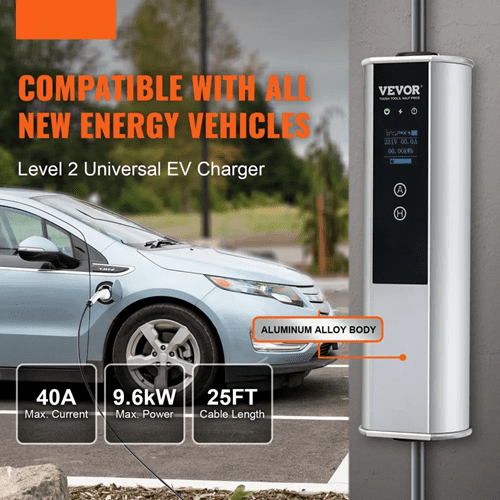 40A 240V NEMA 14-50 Plug Adjustable Current LCD+App (40A/32A/24A/16A) 25FT Cable EV Charging Station for SAE J1772