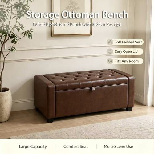 43.3" Storage Ottoman Bench, Upholstered Bedroom Bench with High-Resilience Foam Cushion, Sturdy Wood Frame, Dual Safety Hinges, Multi-Purpose for Living Room, Entryway & End of Bed