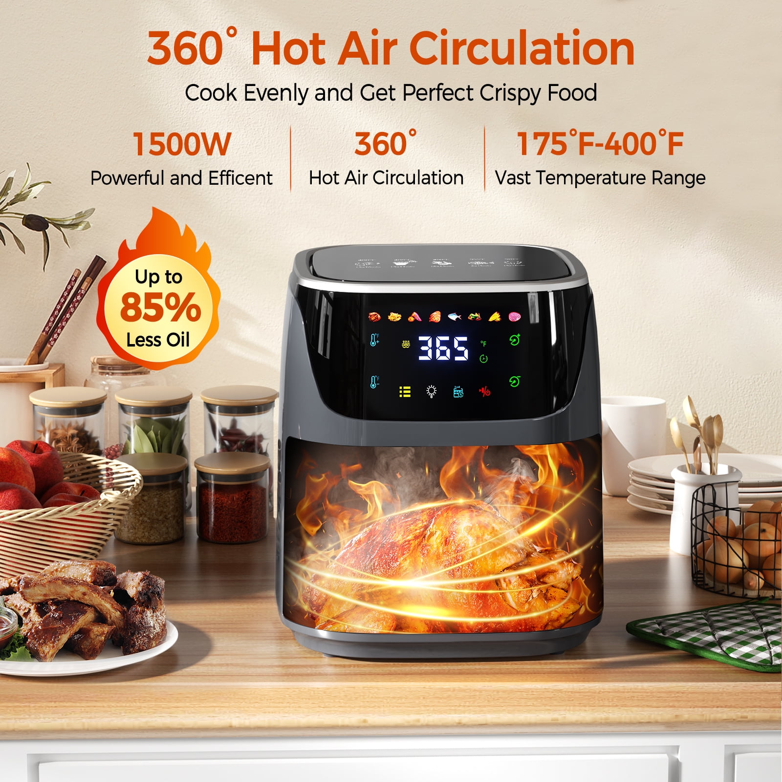 8QT Air Fryer with 8 Food Preset, LED Digital Touch Screen, Roast, Reheat, Dehydrate, Bake, Steam, 360° Hot Air, 85% Less Oil Healthy Cooker for Family Size
