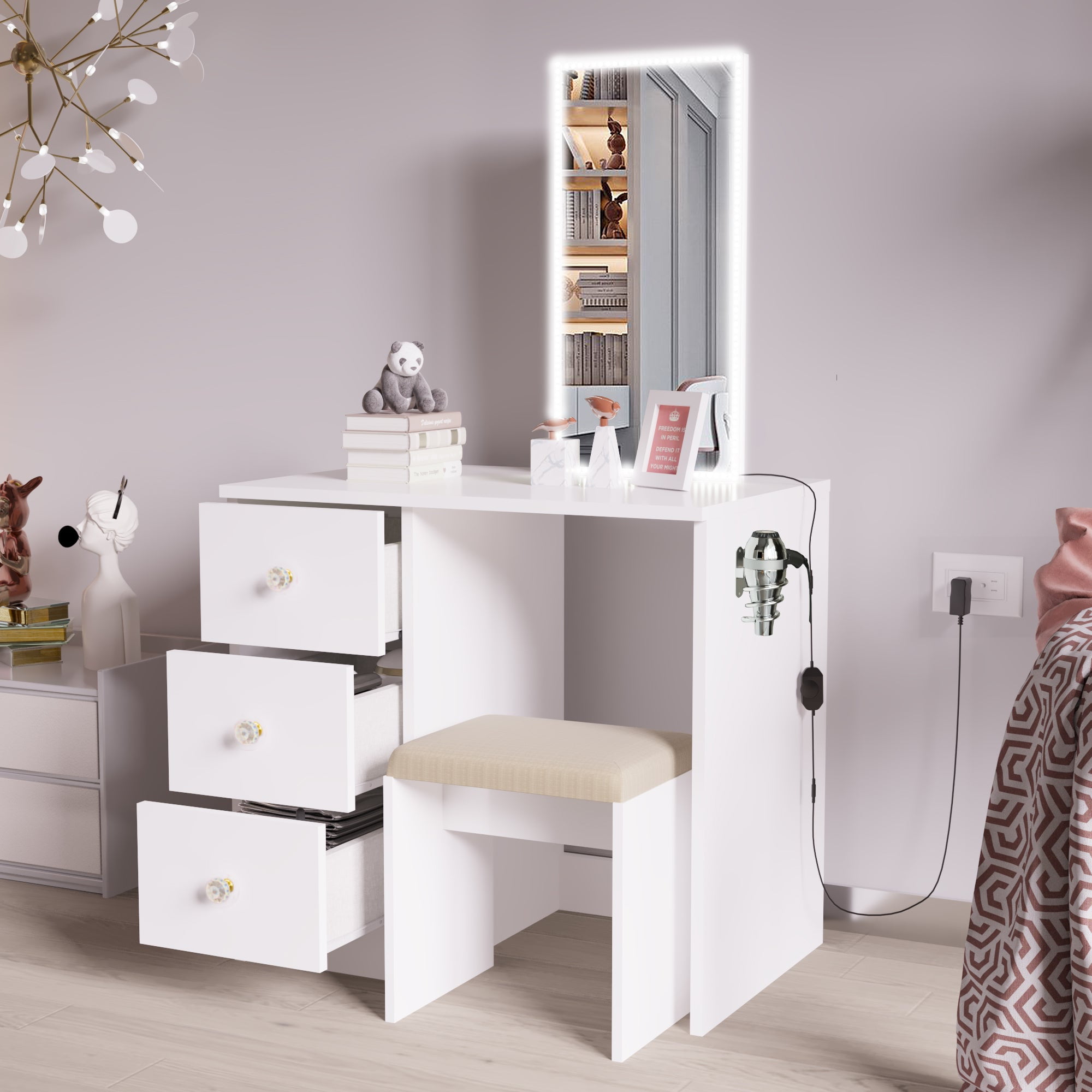 Ember Interiors Small Kids Vanity with LED Lights, Makeup Chair, Gold Crystal Ball Knobs, White