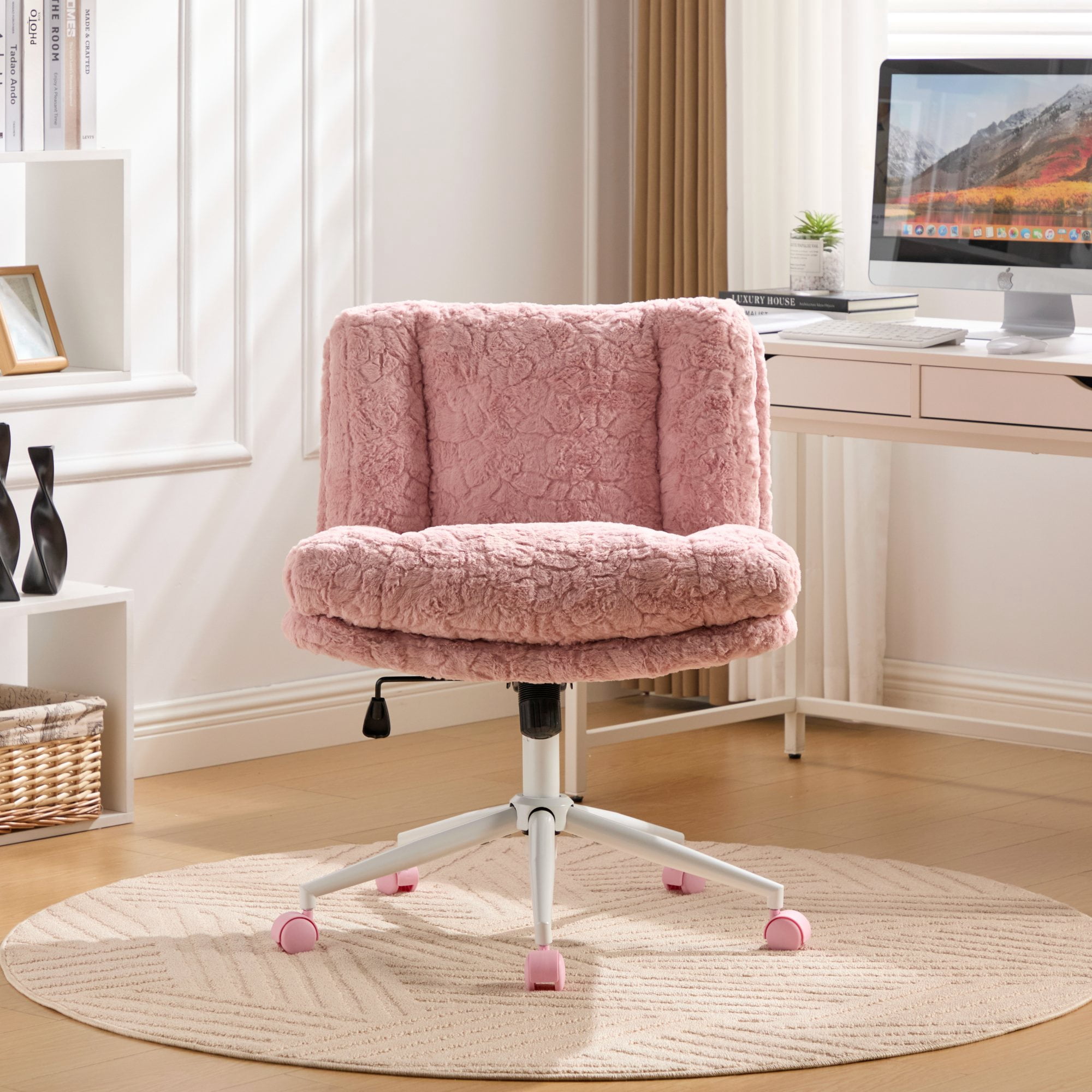 PAPROOS Vanity Chair with Back, 26.4" Wide Armless Home Office Chair with Artificial Rabbit Hair, Metal Base, Adjustable Swivel Ergonomic Desk Chair with Wheels, Computer Task Seating, Pink