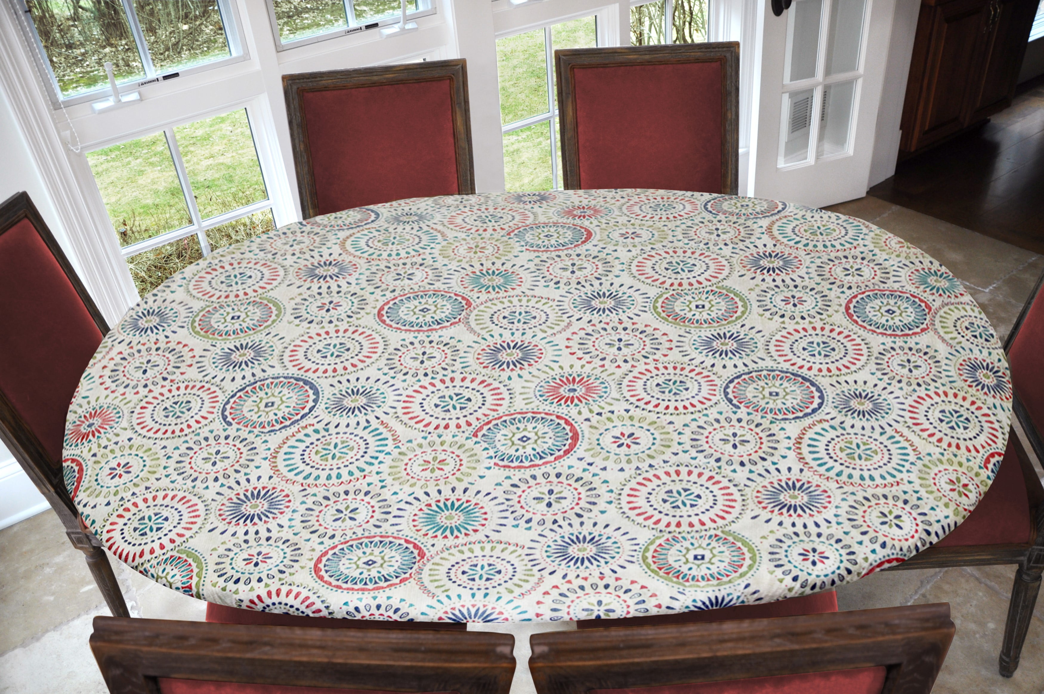 Elastic Edged Table Cover Global Coffee Pattern Oblong Tables up to 48 W x 68L