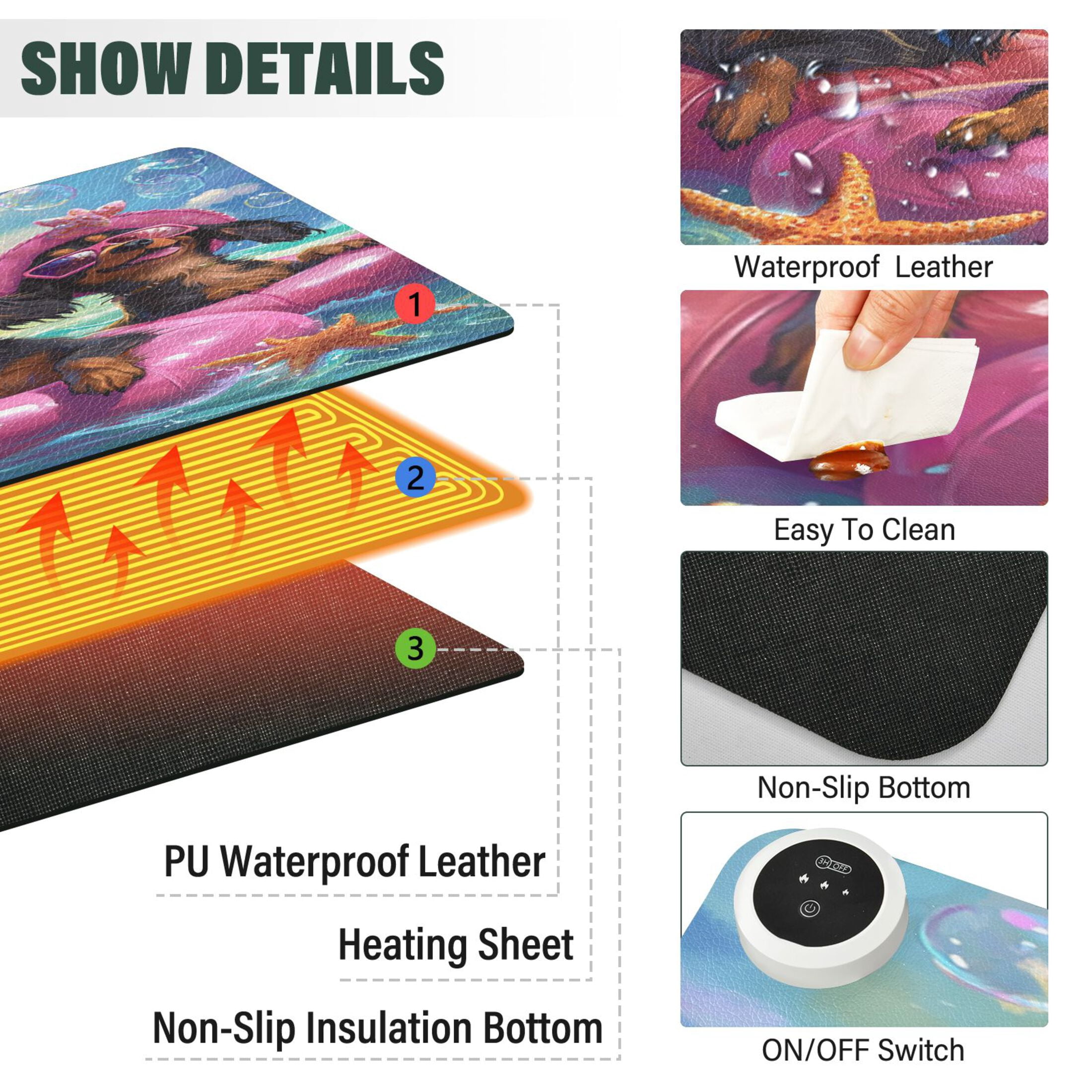 Wobogo Summer Dachshunds Heated Mouse Pad Extra-Large Desk Mat With 3 Heating Levels and 3-hour Auto Shut-Off Protection Ideal for Computer Keyboards Home Office Hand-warming Essential 31.5in × 13in
