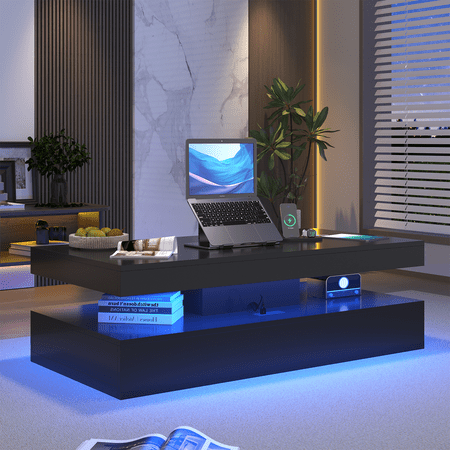 Sonegra 47” High-Glossy LED Coffee Table, Living Room Storage Coffee Table with 2 Sliding Drawers, Modern Stylish Double-Layer Center Tables with LED Lights, Black