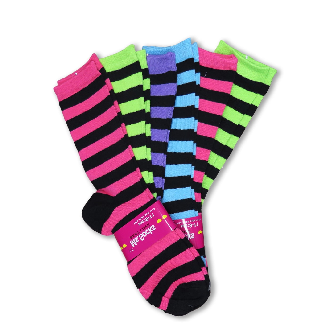 Womens Multi Color Bright Basic Fun Patterns Striped Dots 6 Pack Assorted Crew Socks Bold