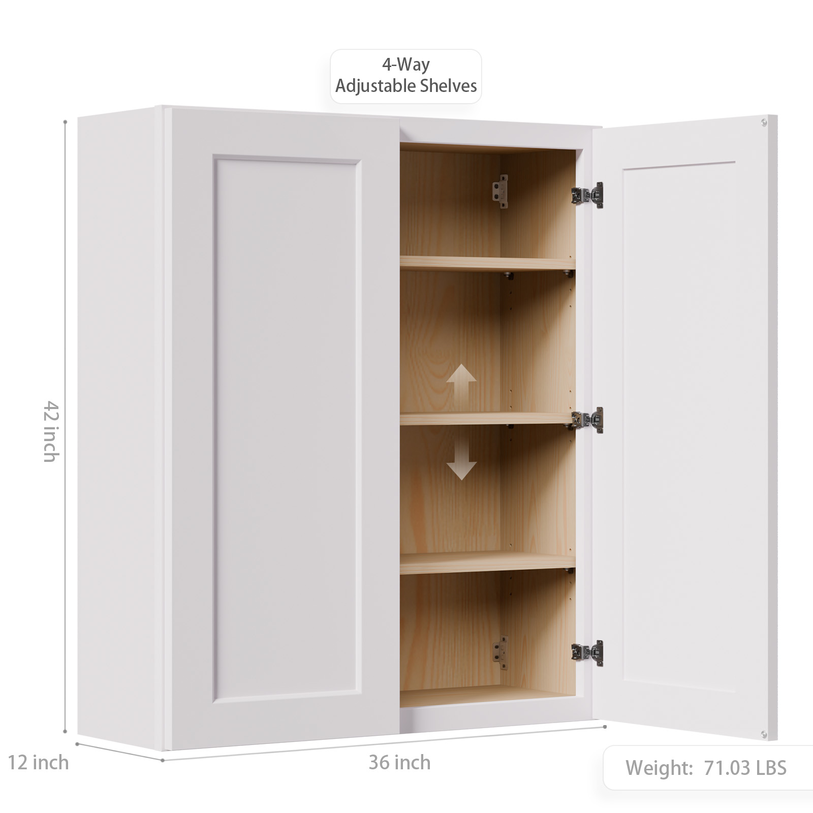 White shaker Solid Wood Double Doors Wall Cabinet 2 Doors and 3 Shelves for Kitchen Storage, Bathroom Storage, Laundry,Adjustable Shelves Ready to Assemble(36"W×12"D×42"H)