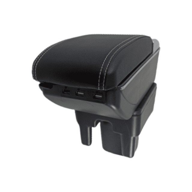 descansabrazos tsika-sl para toyota avanza 2005-2012 modelo led con 7 puertos usb negro, vista frontal en tres cuartos de reposabrazos acolchado en piel sintética con costuras visibles, tapa abatible con luz LED integrada y caja de doble capa para almacenamiento; panel frontal muestra 3 puertos USB (7 en total) y base moldeada para instalación a presión detrás del freno de mano, incluye portavasos y cenicero, ideal para organizar y cargar dispositivos móviles en el vehículo.