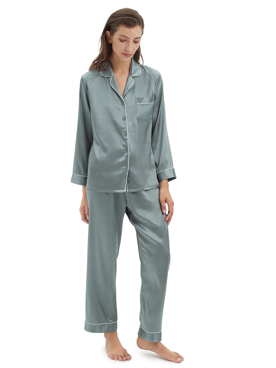 SIORO Mens Silky Satin Pajama Sets-Long Sleeve Pj Set Sleepwear Loungewear Medium-XX-Large