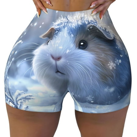 Workout Shorts Women  Snowy Guinea Pig Sparkle Biker Shorts for Women Running Gym Spandex Shorts Tummy Control