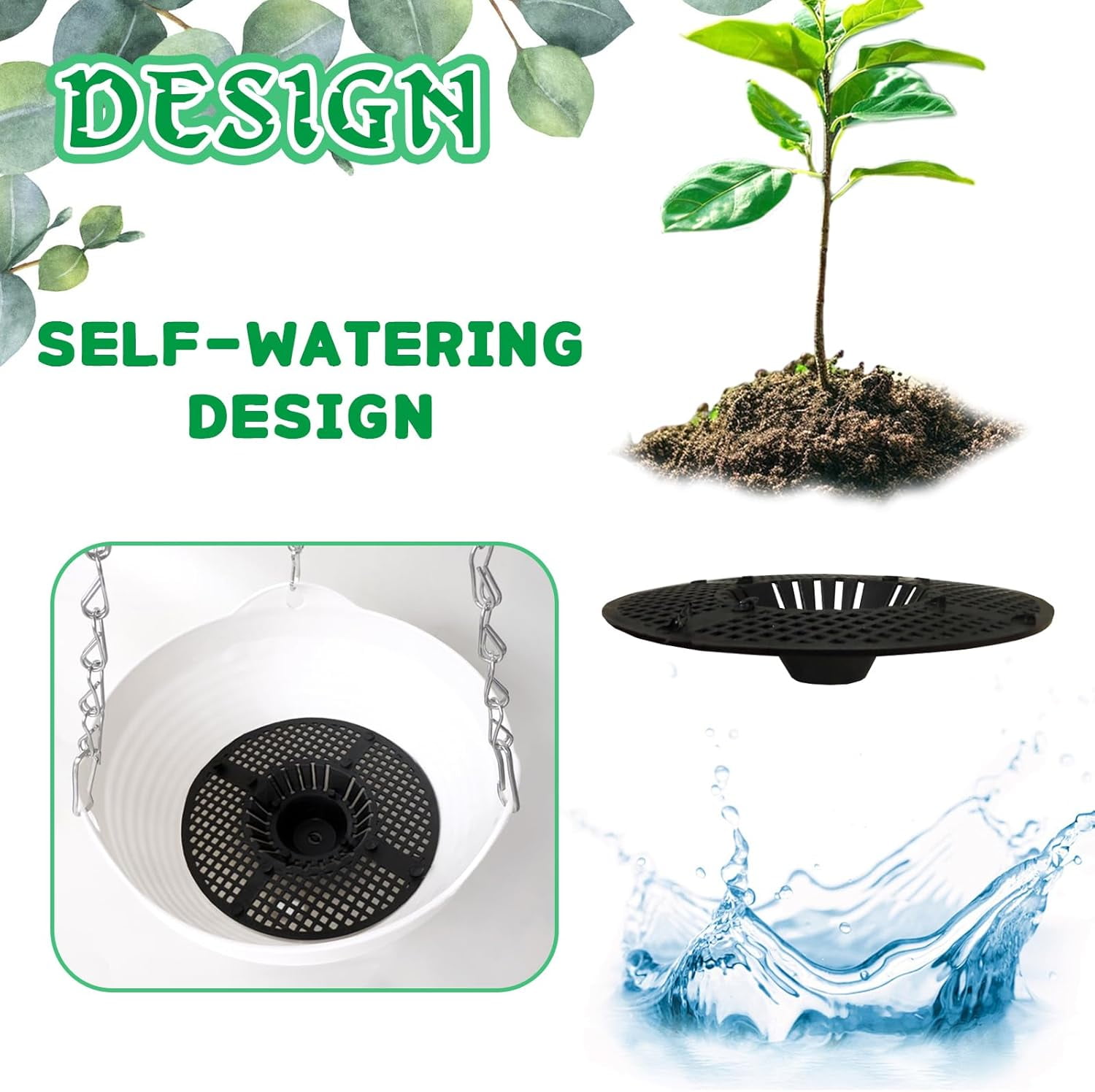 Plastic Self Watering Hanging Planters, Round Hanging Basket Planter with Drainer and Metal Chain, Garden Flower Plant Pot Container for Indoor Outdoor Plants