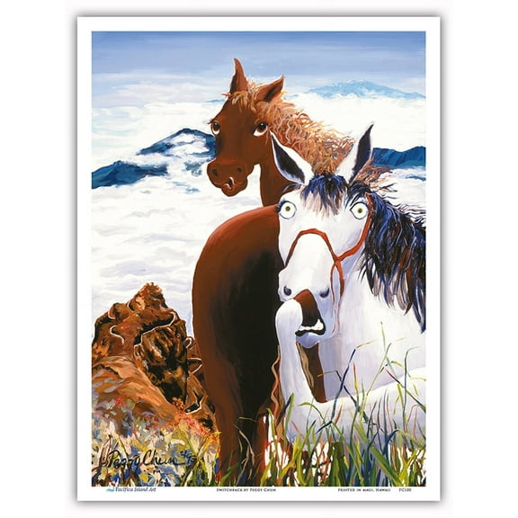 Switchback - Hawaiian Horses (Lio) on the Difficult Pali Puka Trail - From an Original Hawaii Watercolor Painting by Peggy Chun - Master Art Print (Unframed) 9in x 12in