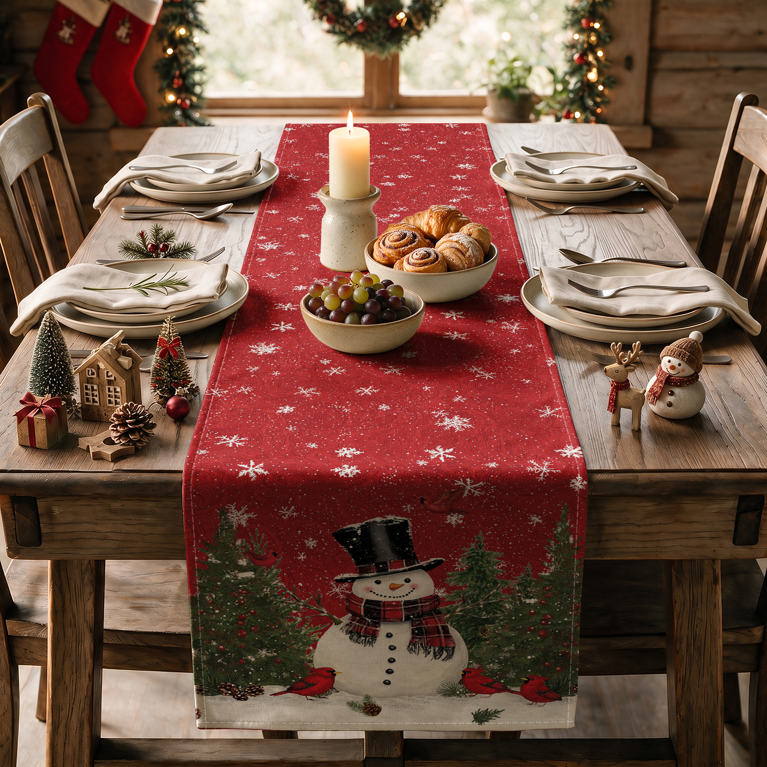 Sm:)e Snowman Christmas Table Runner, Red 13x90 Inch photo 4