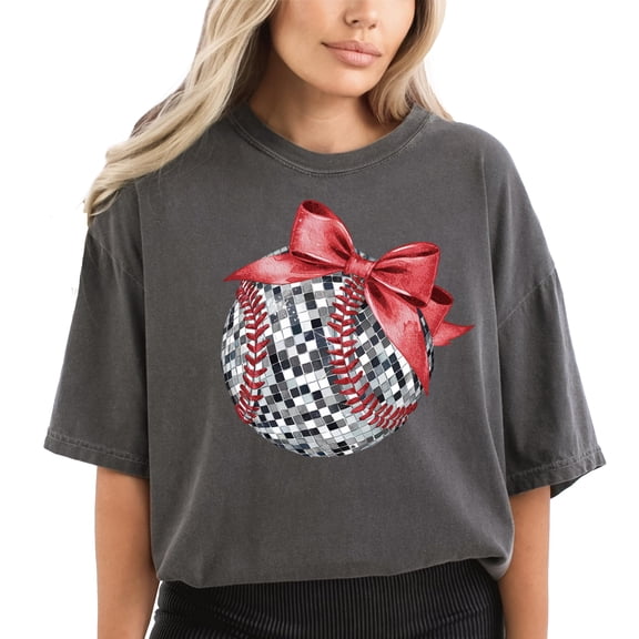 Disco Softball Oversized Tee for Player Fan Coach Red Bow Disco Baseball Women and Teen Pepper Shirt Adult Small