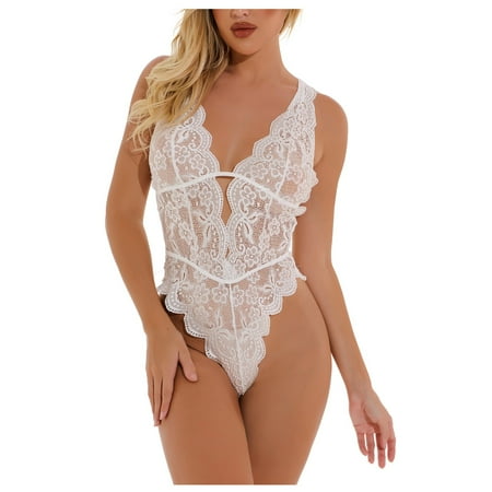 

BIZIZA Women s Eyelash Sleepwear Lingerie Babydoll Deep V Neck Lace One Piece Sexy Snap Crotch Teddy Bodysuit White S