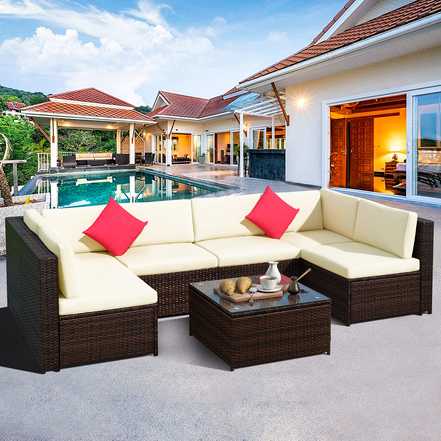 SEGMART Wicker Patio Furniture Sets, 2021 Newest 7-Piece Wicker Patio Conversation Furniture Set w/Seat Cushions & Tempered Glass Coffee, Conversation Sets for Porch Poolside Backyard Garden, S13083 - image 1 of 9