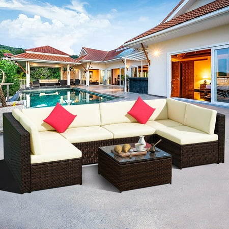 7-Piece Patio Furniture Sets on Sale 7-Piece Wicker Patio Conversation Furniture Set w/ Seat Cushions 2 Pillows & Tempered Glass Coffee Wicker Sofa Sets for Porch Poolside Backyard Garden S5158