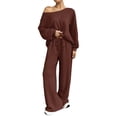 thumbnail image 3 of VV AVEORS Women 2 Piece Outfit Matching Sweat Sets Off The Shoulder Knit Set Lounge Top Wide Leg Sweatpants Tracksuit Brown M, 3 of 7