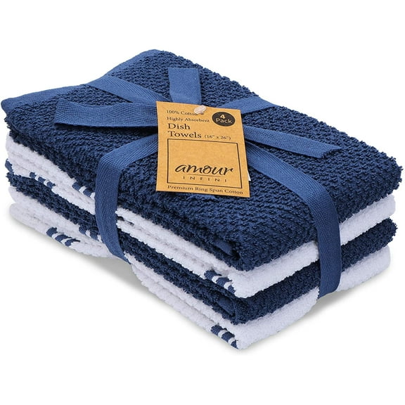 AMOUR INFINI Terry Kitchen Towels Pack of 4 Highly Absorbent Washable Dish Towels 2 Solid and 2 Stripe Premium Towels Set Kitchen Wash Cloths for Dishes (16x26 Inch - Blue)