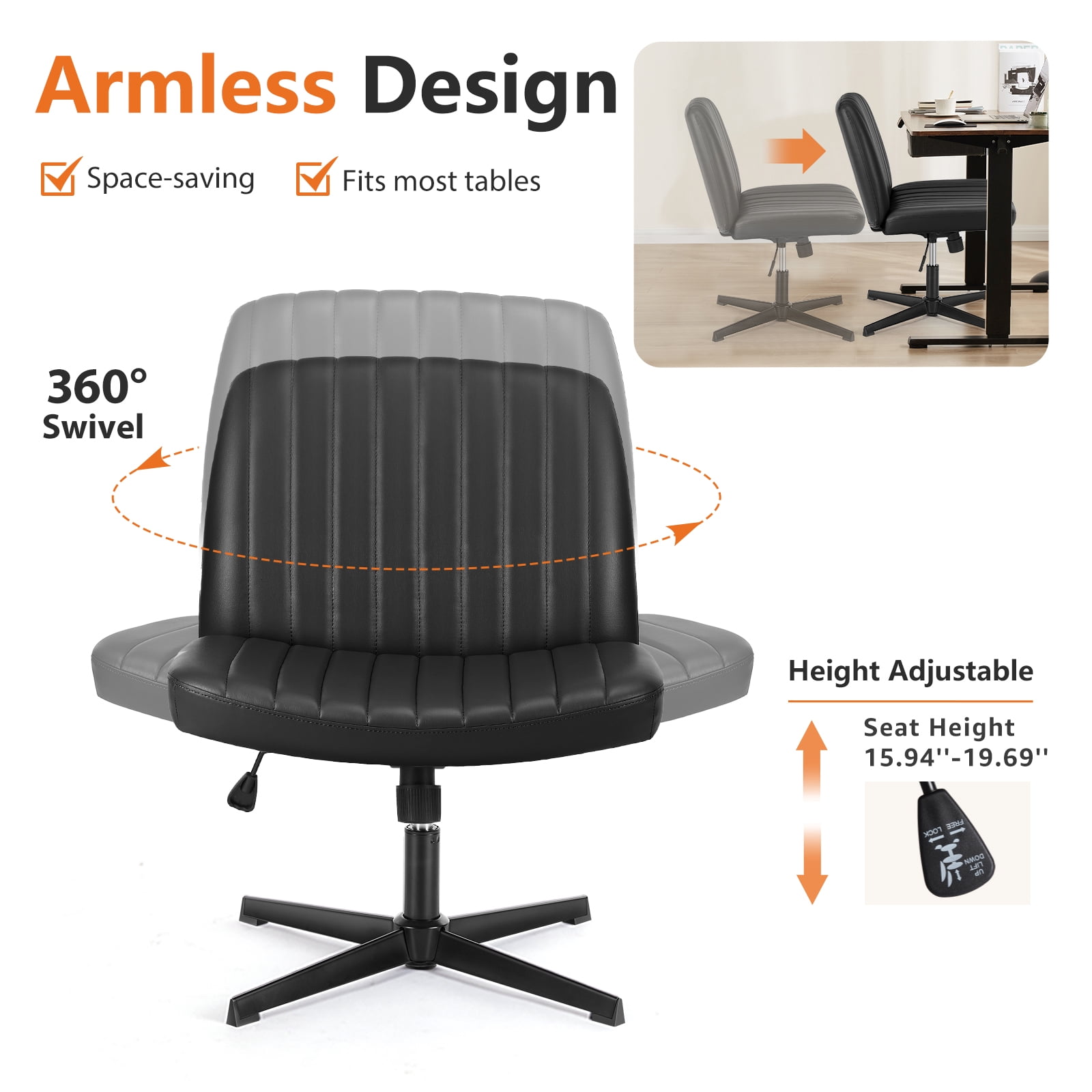 MCQ  Criss Cross Chair Legged Office Wide Comfy Desk Leather Seat, Armless Computer  Seating, Height Adjustable, for Family Bedroom, Black
