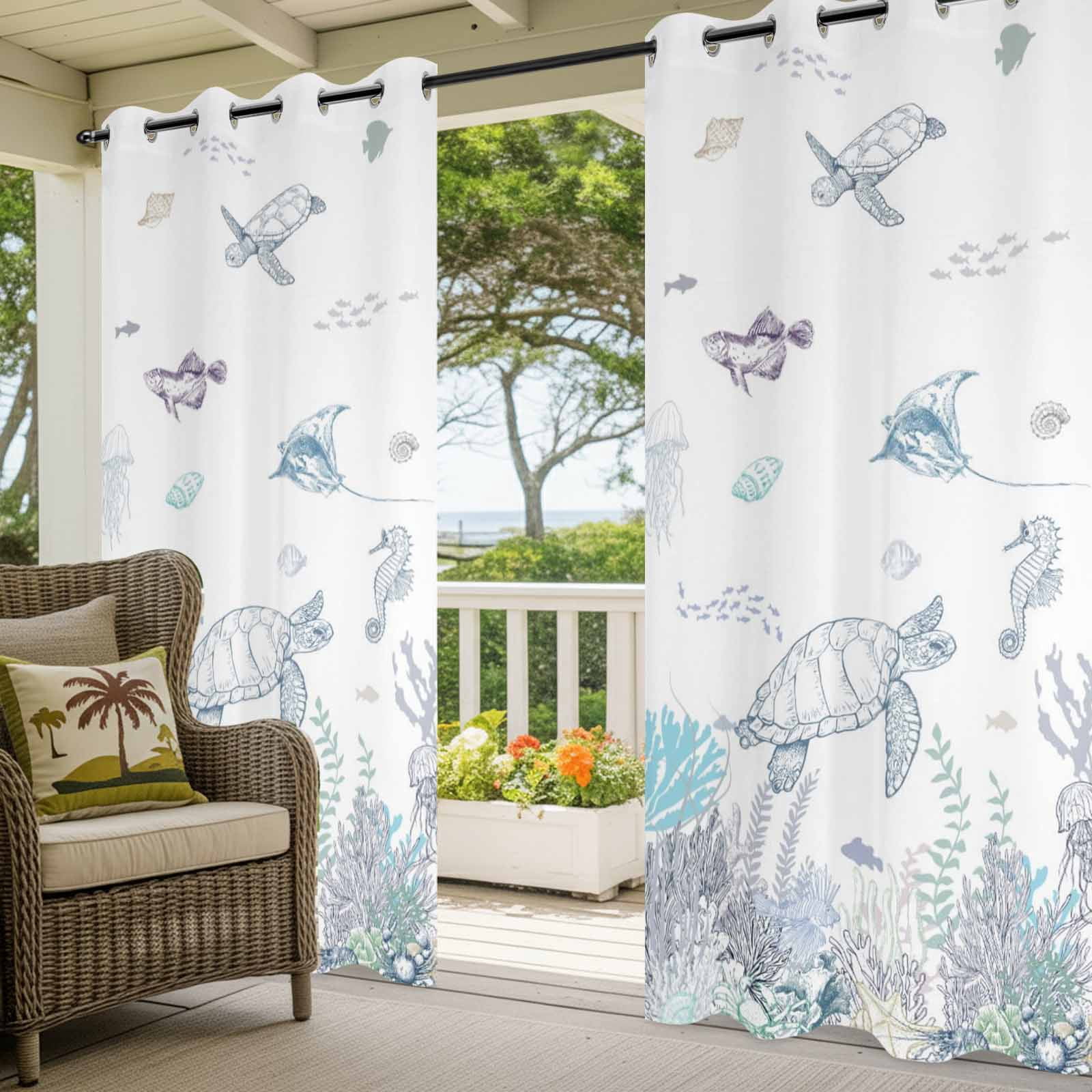 Ocean Coastal Outdoor Curtains for Patio, Sea Turtle Coral Starfish Seaweed Hand Drawn Sunshade Privacy Drapes Grommet Waterproof Outside Curtains for Porch/Cabana/Balcony 54"x 108", 1 Panel