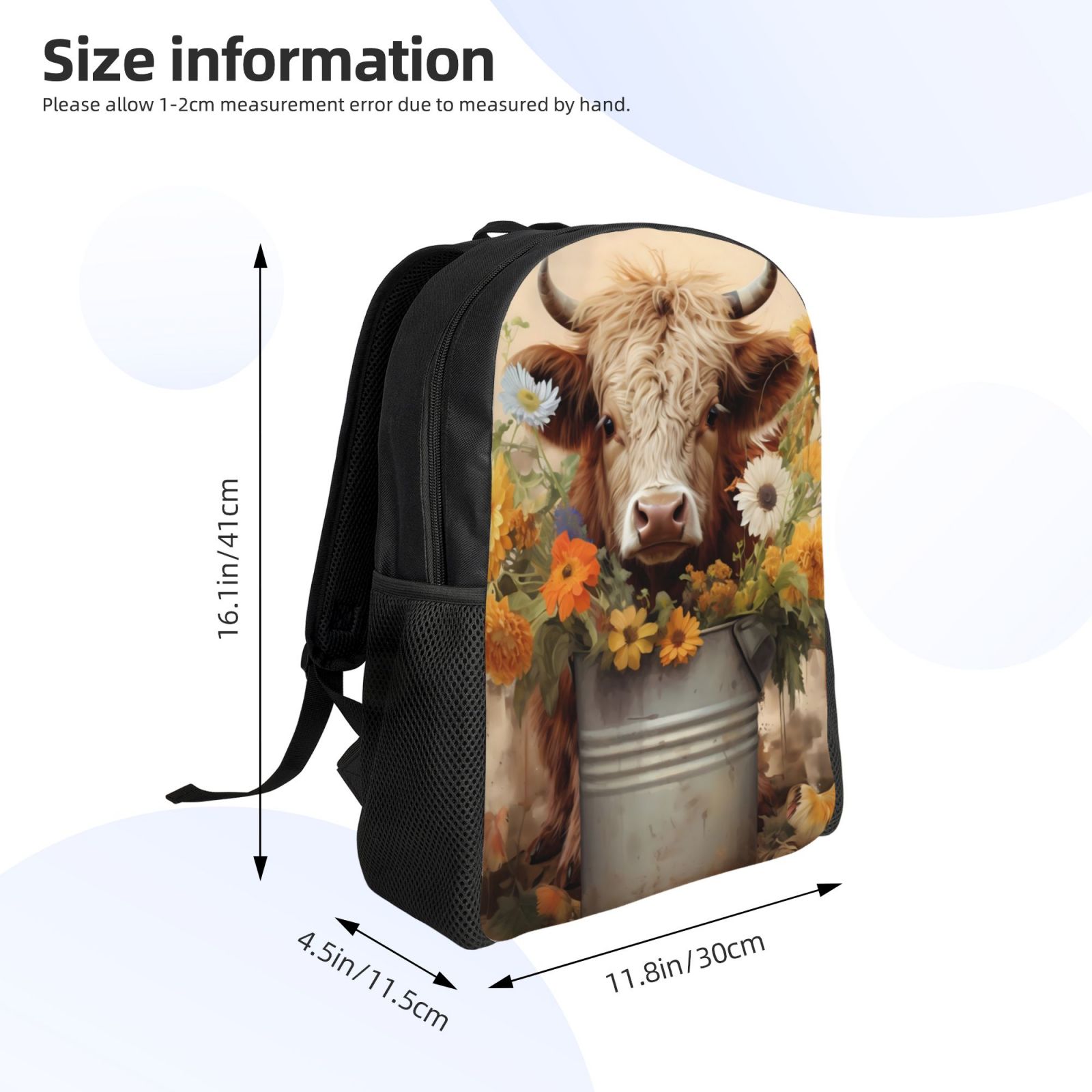 Xecao Bucket Flower Cow Print School Backpack with Laptop Compartment Small Travel Laptop Backpack for Women Men Waterproof College Backpack Simple School Bag