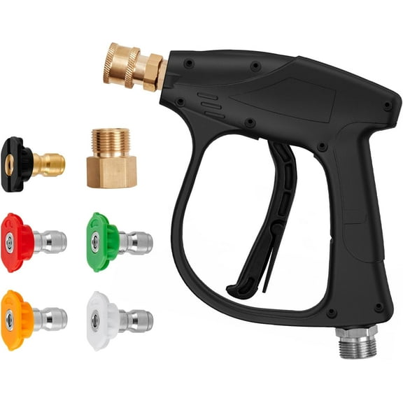 Short Pressure Washer Gun 4350 Psi High Power Spay Water Handle With 5 Quick Connect M22-14,15Mm Inlet 1/4'' Outlet Without Nozzle Holder, Black