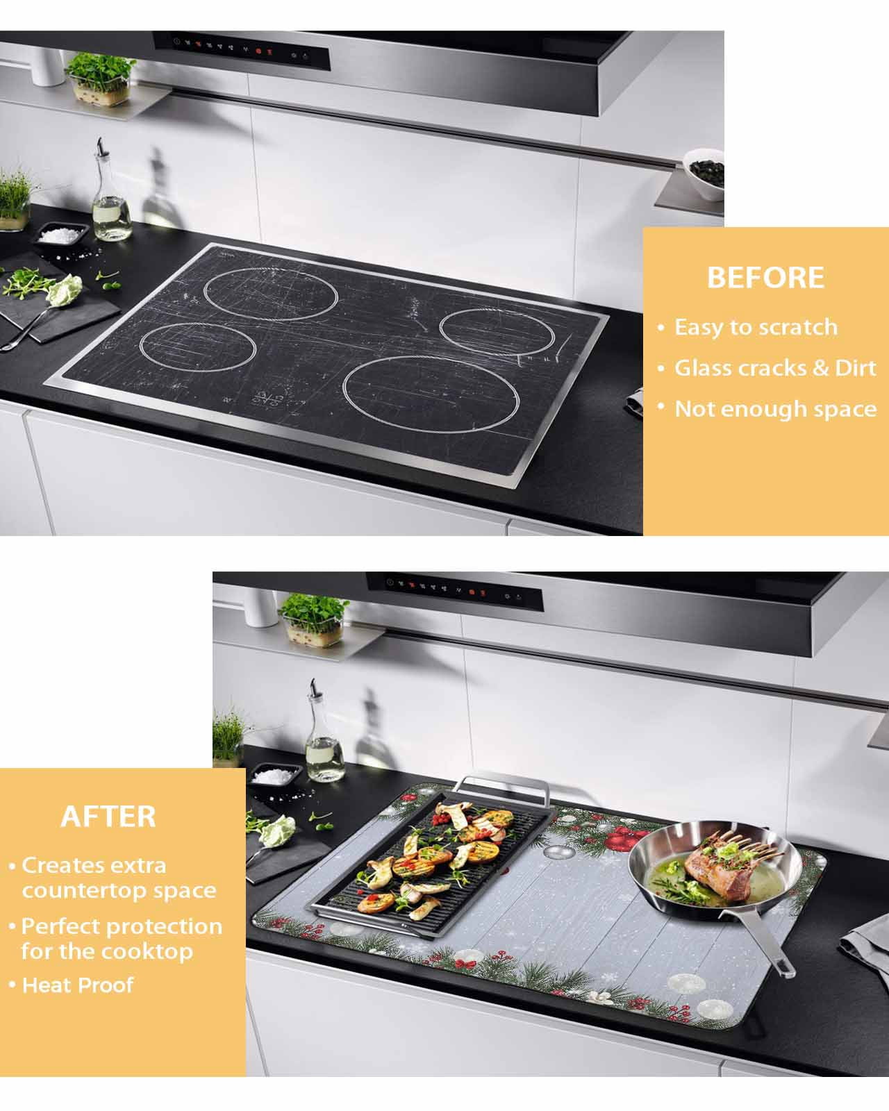 Large Induction Cooktop Protector Mat Christmas Stove Top Covers for Electric Stove, Winter Xmas Balls Pine Branches Wooden Grain Decorative Stove Burner Cover Mats, Glass Top Stove Cover