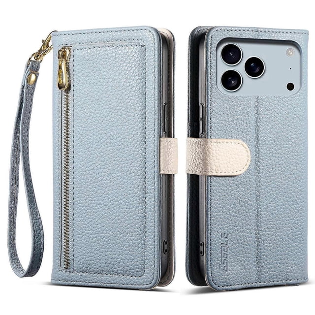 ESEBLE E11 For iPhone 17 Pro Case Zipper Pocket Litchi Texture Leather Phone Cover with Mirror and W