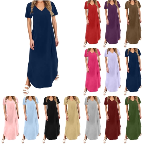 Casual Dresses for Women Solid Color Summer Dresses for Women Spring V-Neck Short Sleeved Pocket Womens Dresses, Blue-S