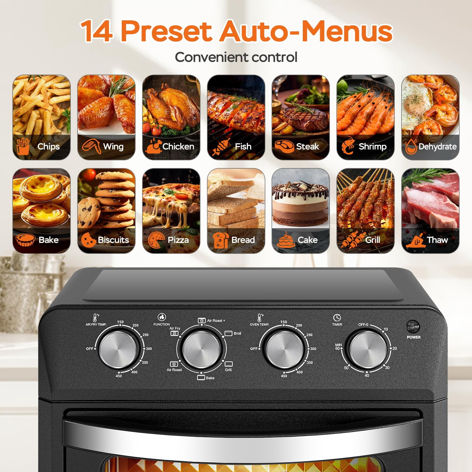 Plum chef 27.5QT 6-in-1 Air Fryer Toaster Oven Extra Large Dropdown-Door 6-Slice Convection Oven for Air Frying, Baking, Roasting, Broiling & Grilling, Stainless Steel Housing, Black