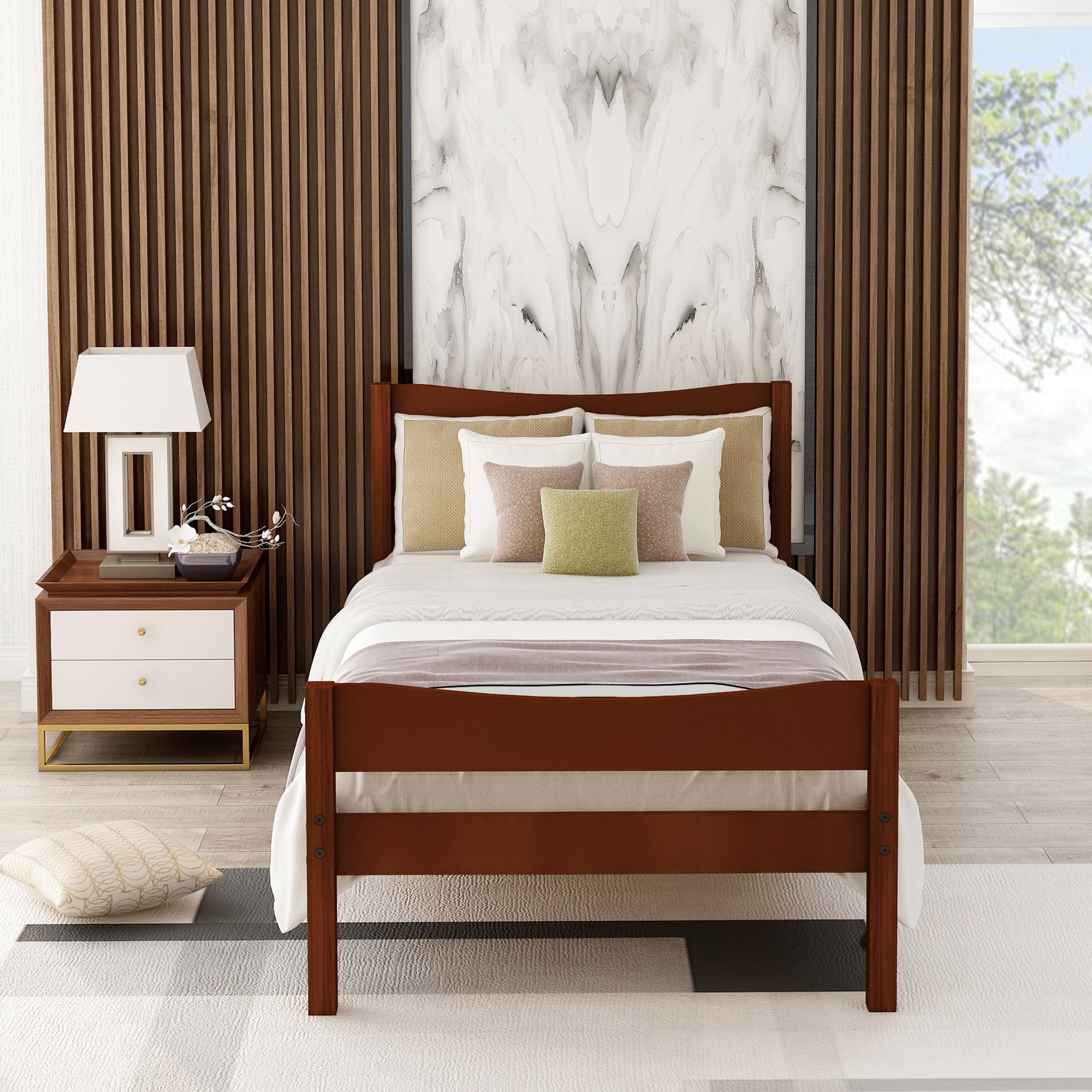 Alvantor Twin Size Bed Frame with Drawer, Wood Twin Platform Bed with Headboard for Kid Walnut