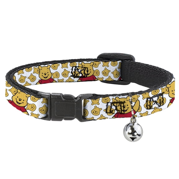 Disney Breakaway Cat Collar With Bell, Plastic Clip, Easy Adjustable, Winnie the Pooh Chibi Pose and Expressions Scattered White, 8.5 to 12 Inches 0.5 Inch Wide