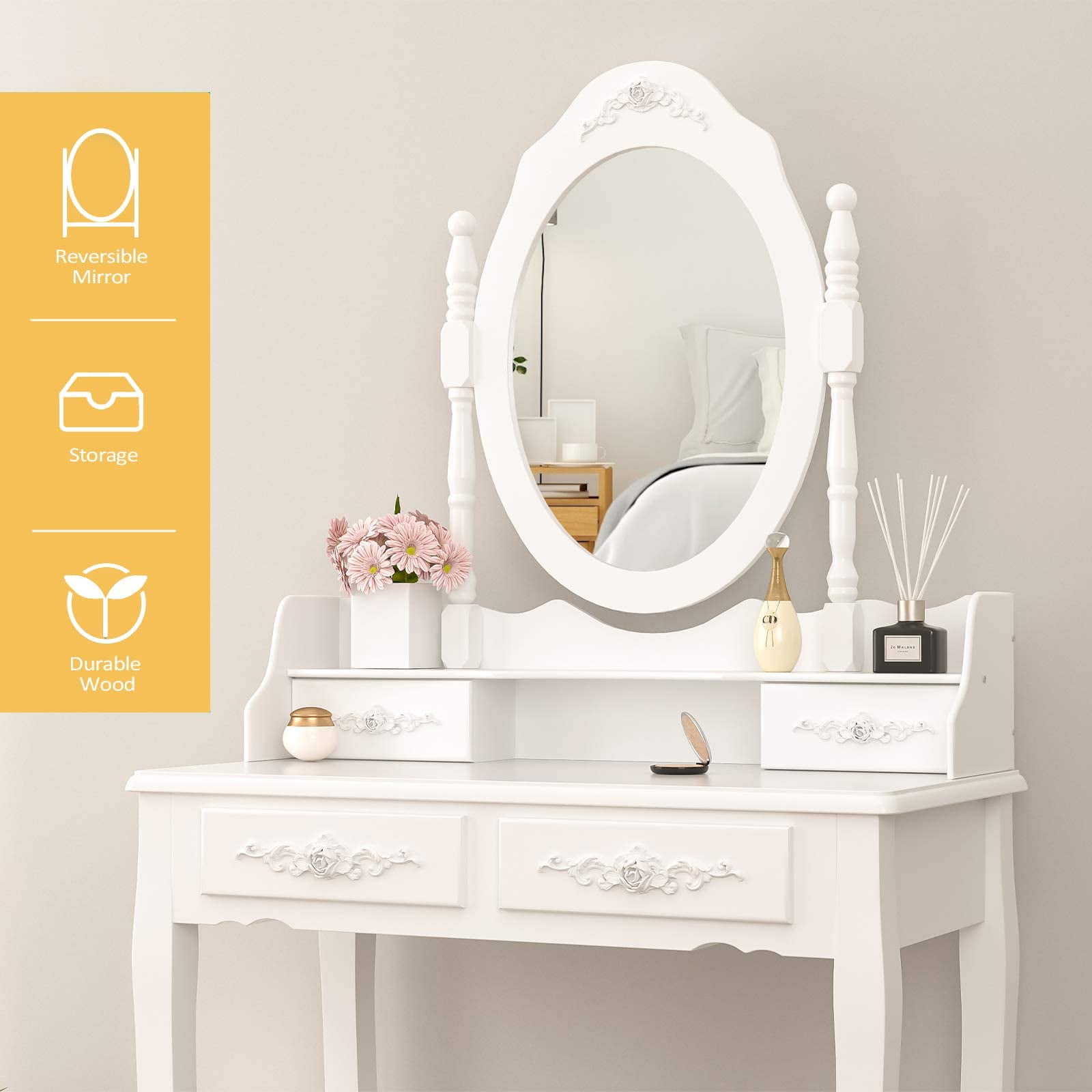 Alohappy Makeup Vanity Set with Oval Mirror & Stool for Girls, Vanity Table and Cushioned Stool Set with 4 Drawers, Wood Dressing Table for Bedroom, White