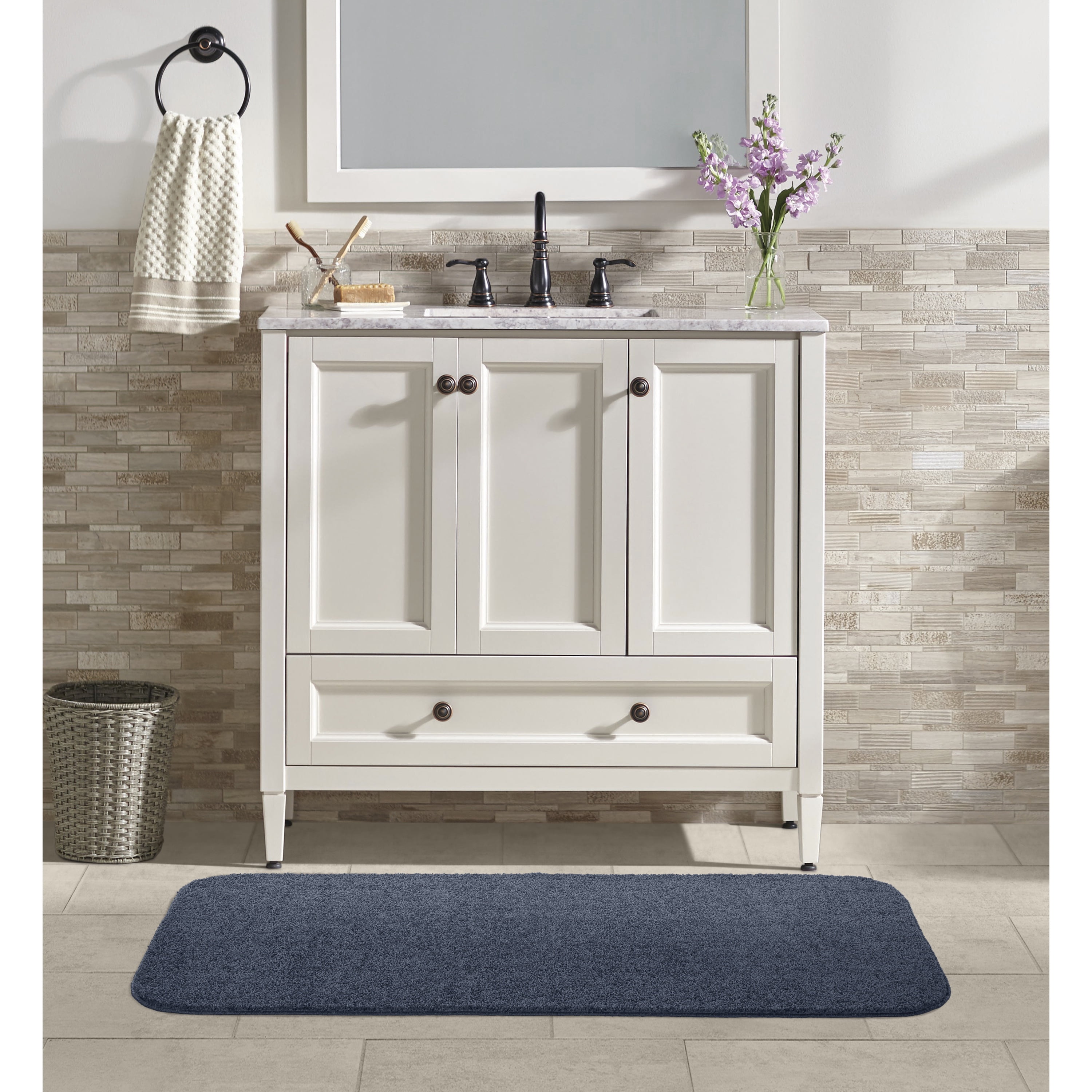 Garland Rug Gramercy Washable Polypropylene Slate Blue Bathroom Runner, 22” x 60”