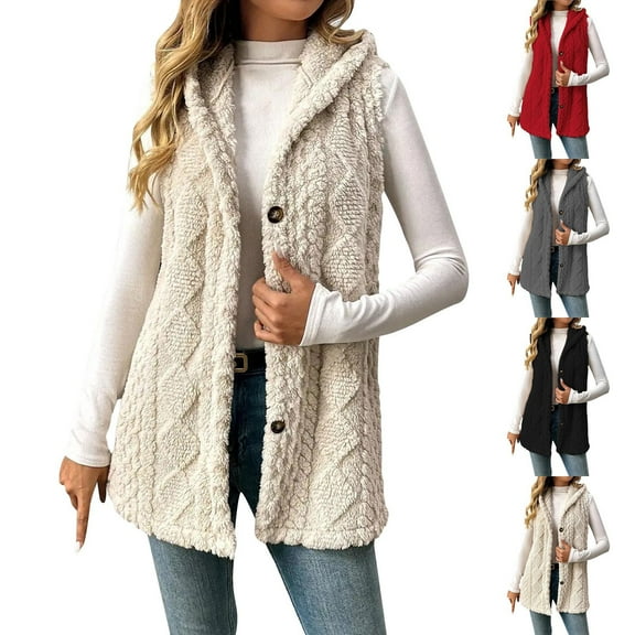 Hvyesh Womens Sherpa Vest with Hood - 2025 Winter Fleece Button Up Long Vest Jackets Warm Fall Sleeveless Jacket Outerwear