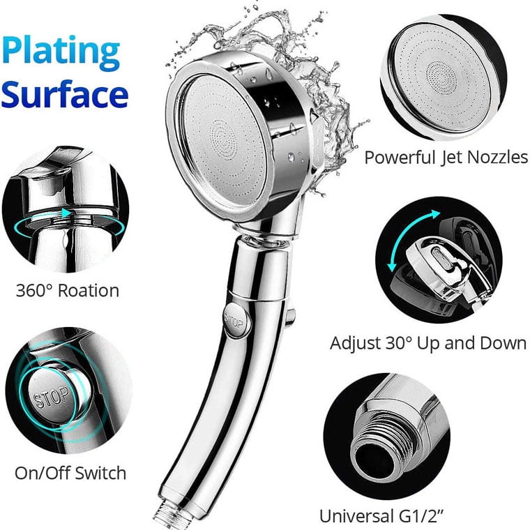 Chrome High Pressure Handheld Shower Head with ON/OFF Pause Switch, 3 Spray Modes Shower Wand with Shut Off Button, Removable Camper Shower Head with Hose and Adjustable Angle Bracket