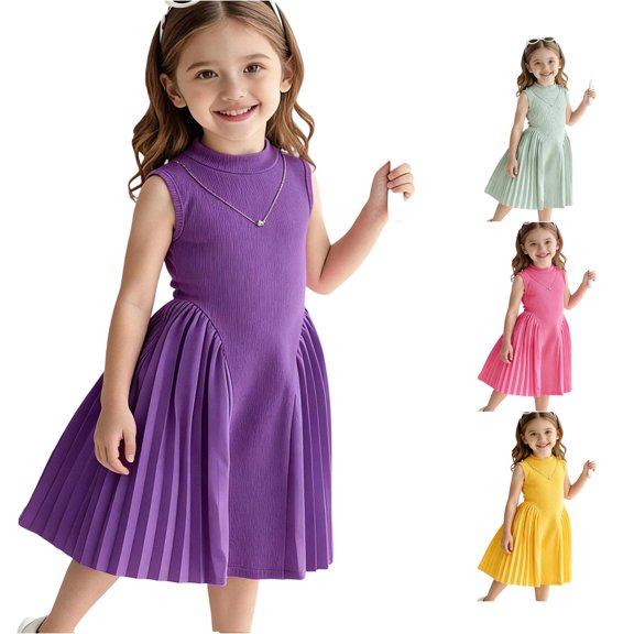 FYDUU Girls Dress Elegant Pleated A-Line Midi Dresses Sleeveless Formal Party Dress for Girls Round Neck Casual Sundress School Wear 9-10 Years