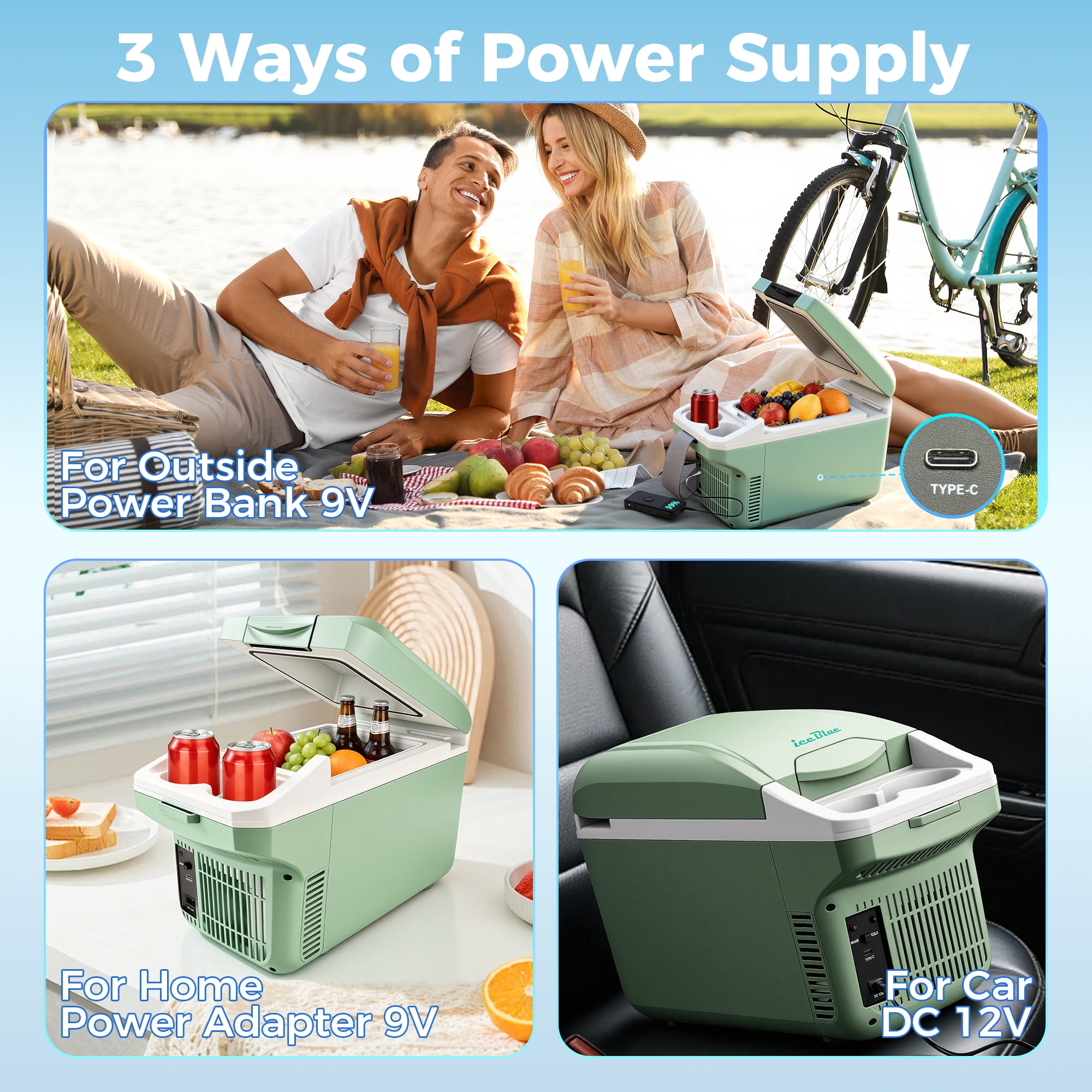 IceBlue 8L car refrigerator(9V type-C/12V DC), Dual Temperature (Cold and Hot), compact Mini Fridge for Camping, Travel, Truck, Home, Fishing, RV and Outdoor, with Shoulder Strap