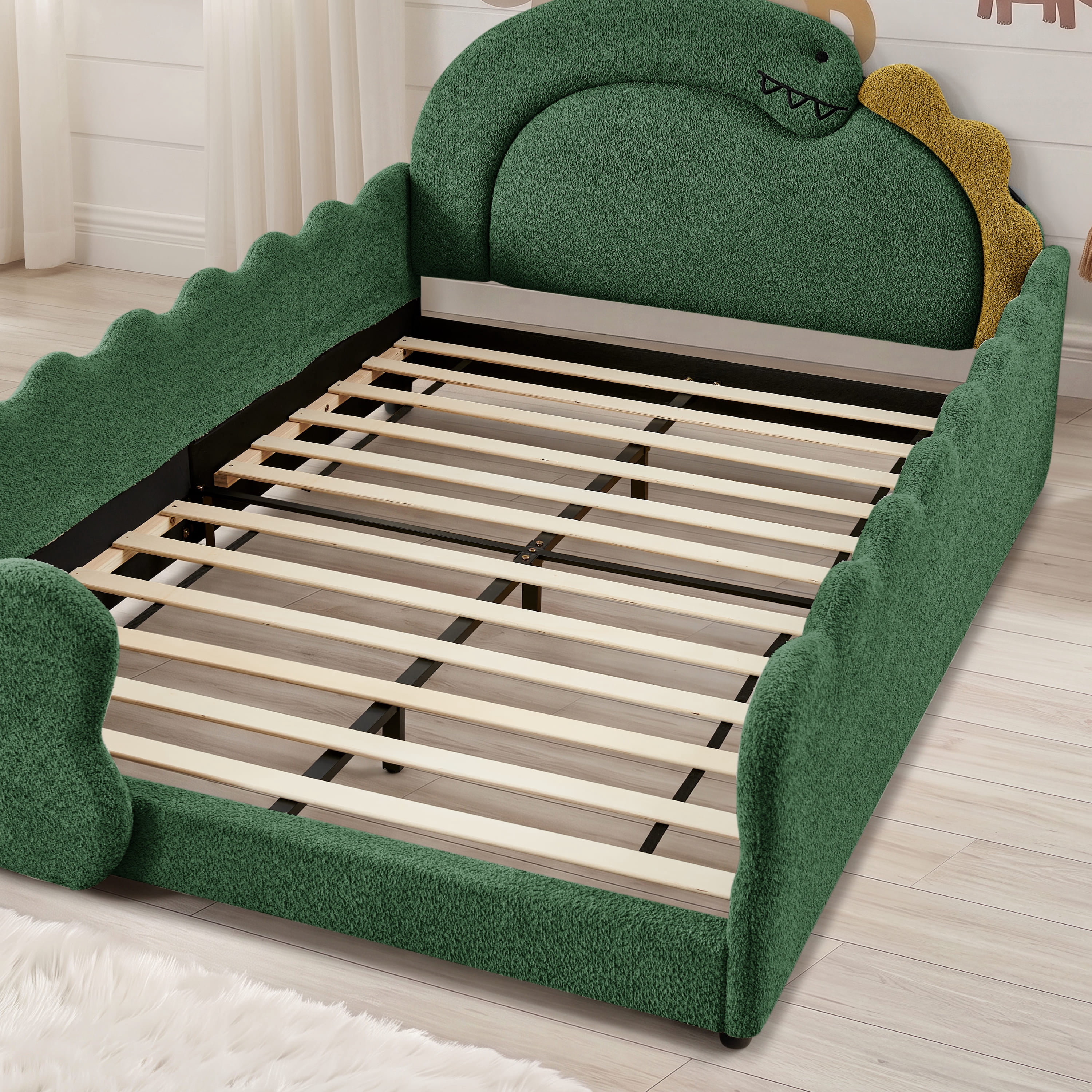 Wakefit Full Size Dinosaur Bed for Kids with Safety Guardrails,Boucle Upholstered Platform Bed Frame with 3D Dinosaur Headboard,Floor Bed for Boys & Girls,No Box Spring Needed,Green